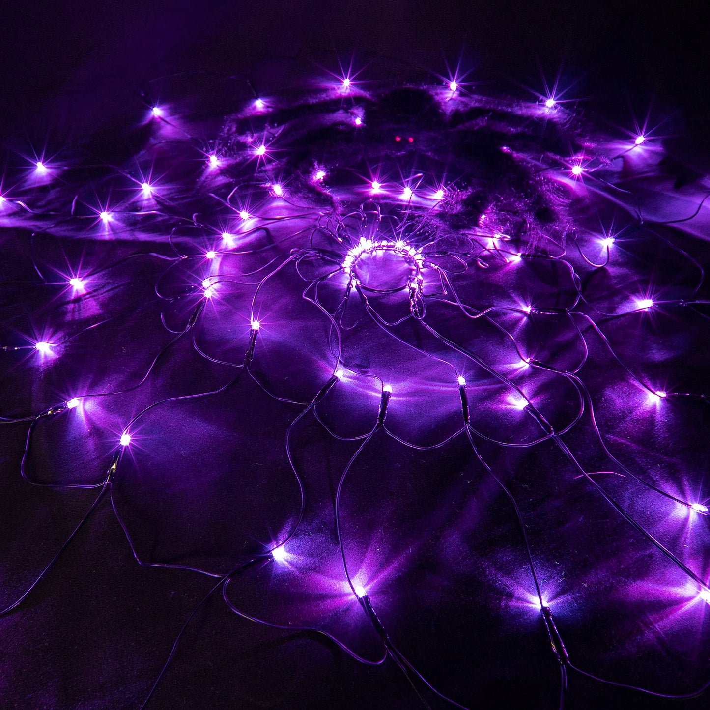 FUNPENY Halloween 80 LED Spider Web Lights with Spider, Battery Powered 8 Modes Light up Cobweb Halloween Decorations for Indoor Ourdoor Garden Yard Home Patio (Purple)