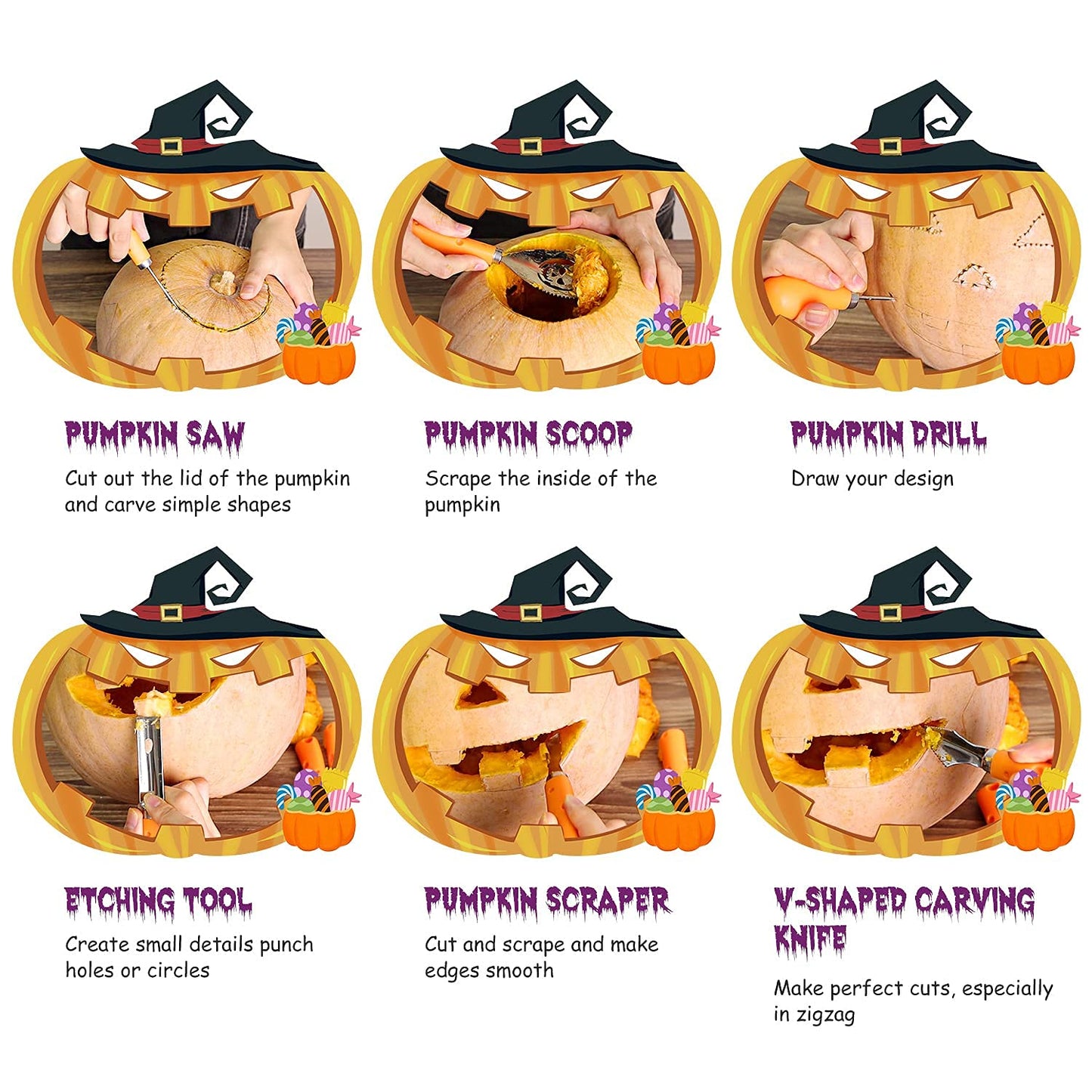 Pumpkin Carving Kit, Halloween Pumpkin Carving Tools, 6PCS Carving Tools Carving Knife for Halloween Decoration, Professional Stainless Steel Pumpkin Carving Set, Pumpkin Carver for Adults & Kids
