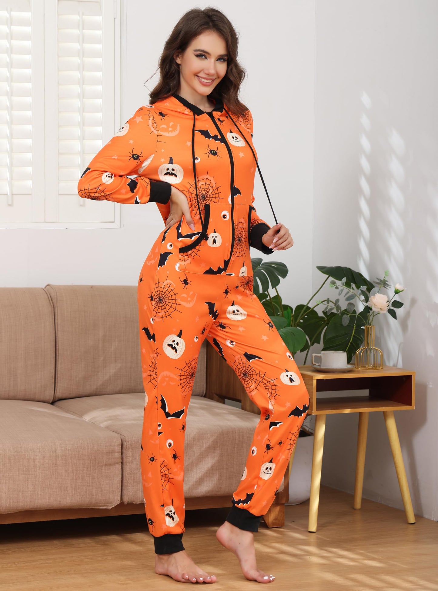 Veseacky Matching Onesies for Couples Zipper Hooded Adult Halloween Onesie Pajamas with Pockets Women Jumpsuit (Orange,XL)