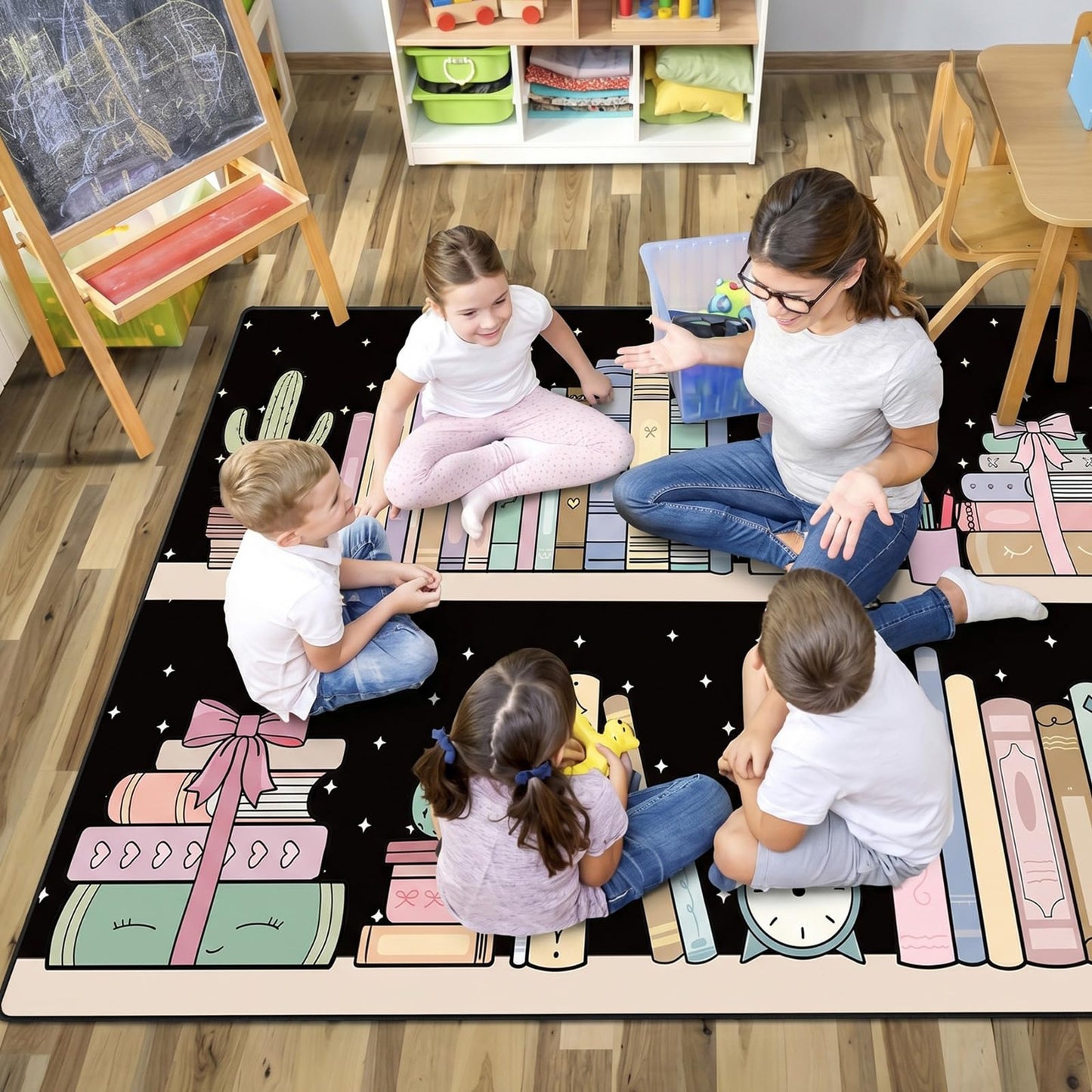 Klyyo Clyro Bookshelf with Dots Rug 5' x 7.6' Pastel Classroom Rug Non Slip Washable Large Educational Carpets for Classroom Nursery Library Playroom Bedroom Reading Decor