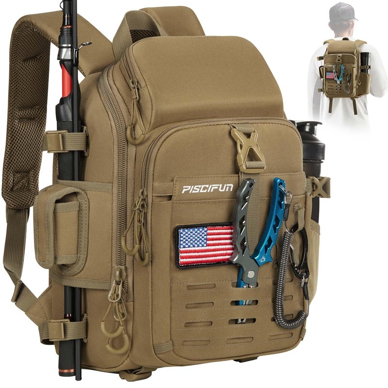 Piscifun Fishing Sling Tackle Bag with Rod & Gear Holder, Lightweight Sling Tackle Storage Bag with Protective Rain Cover, Outdoor Gear for Hiking, Khaki