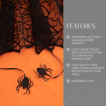 Elrene Home Fashions Crawling Spider Halloween Tablecloth Lace Lined with Removable Orange Plastic Liner, 70" Round, Orange & Black
