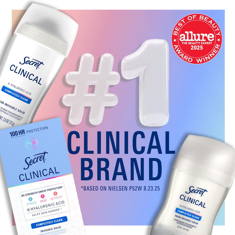 Secret Clinical Strength Invisible Solid Antiperspirant Deodorant for Women, 100HR Sweat & Odor Protection, 3X Stress Protection with Hyaluronic Acid, PH Balanced, Completely Clean Scent, 2.6 oz