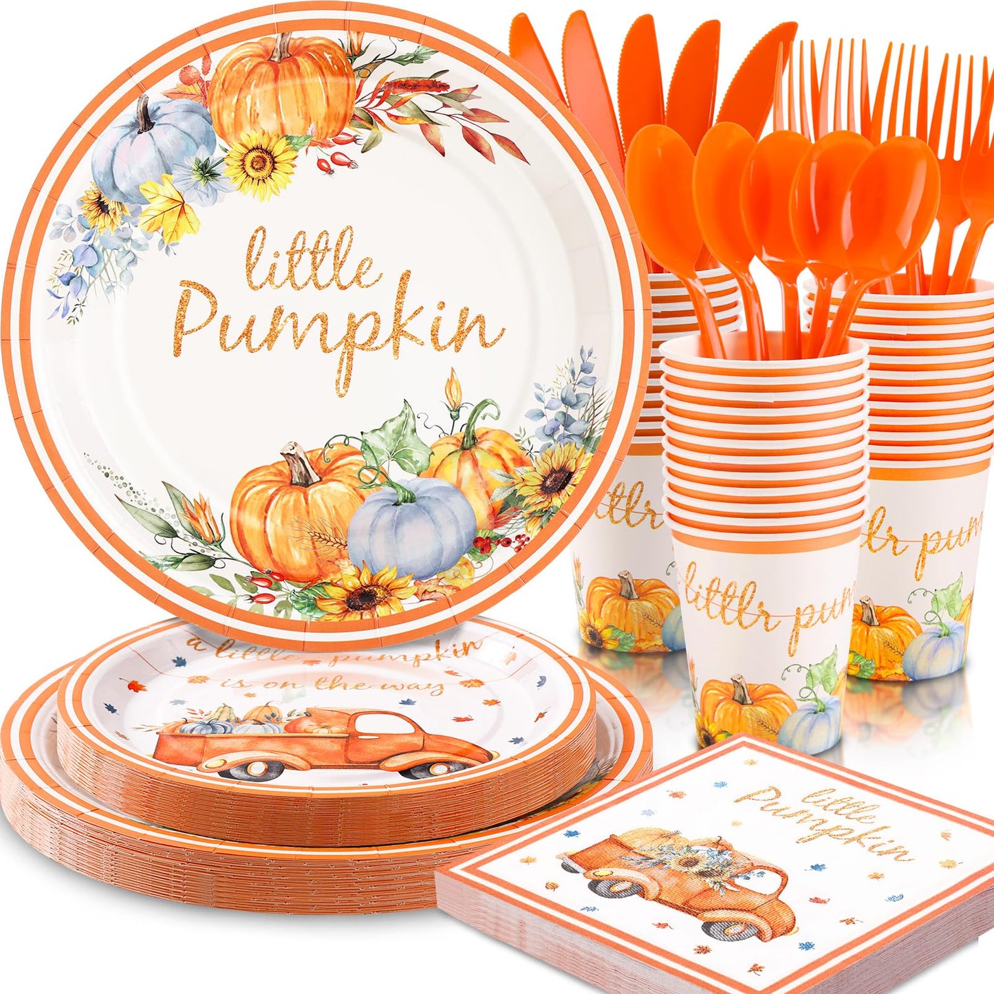 Gudvilla 168 Pcs Little Pumpkin Plates and Napkins, Fall Baby Shower Plates and Napkins Sets Serves 24, Little Pumpkin Baby Shower Decorations Boy, Orange Blue Autumn Farm Thanksgiving