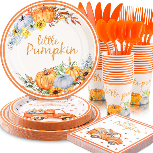 Gudvilla 168 Pcs Little Pumpkin Plates and Napkins, Fall Baby Shower Plates and Napkins Sets Serves 24, Little Pumpkin Baby Shower Decorations Boy, Orange Blue Autumn Farm Thanksgiving