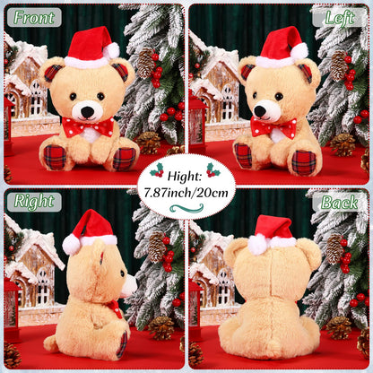 Threan 8 Inch Christmas Stuffed Animal Christmas Plush Doll with Santa Hat for Holiday Decoration Winter Gifts(Little Bear Style)
