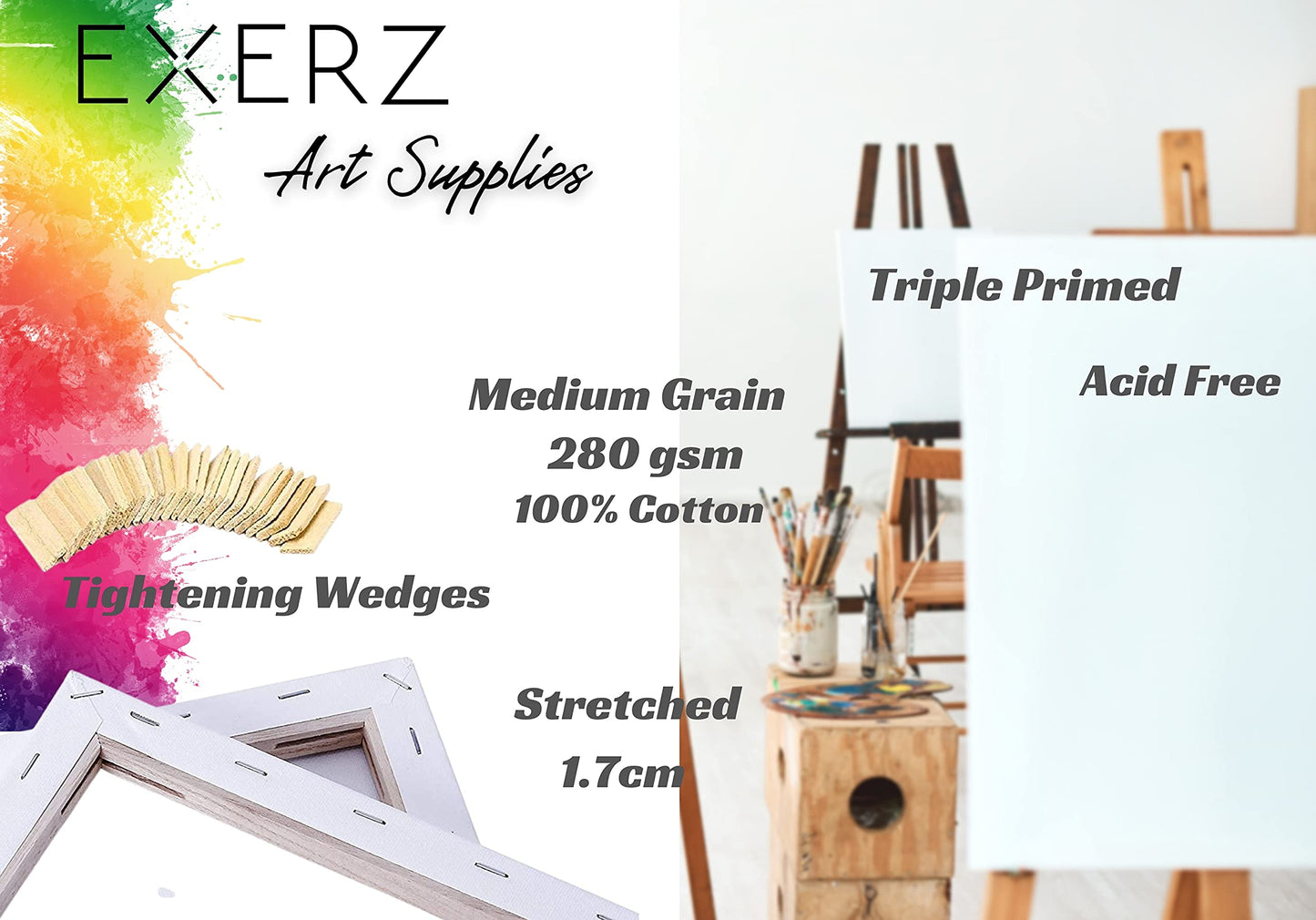 Exerz 30x40cm Pre-Stretched Canvas 5pk, 1.7cm A3 Framed Artist Canvas Blank, 280GSM 100% Cotton/Triple Primed/Acid Free/Medium Grain - Acrylic & Oil