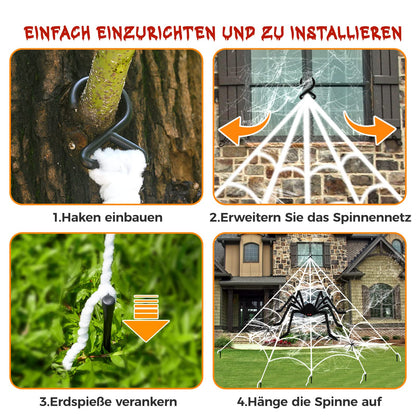 BOSONER Halloween Decorations Outdoor Spider Webs: 1Pcs Giant Spiders - 200'' Triangular Web with Hook - Stretch Web and Ground Stakes for Large Halloween Decor and Haunted House Decoration