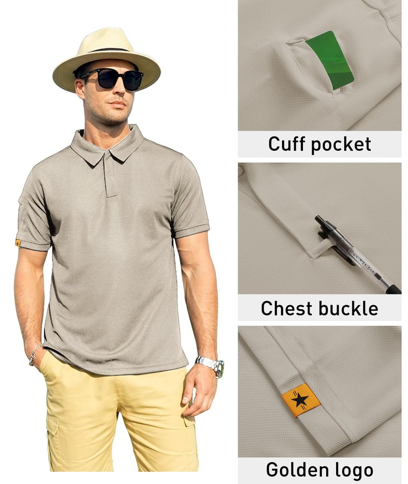 ZITY Mens Polo Shirt Short Sleeve Sports Tactical T-Shirt Athletic Golf Polos Daily Casual Stylish Collared Shirts for Men Lightkhaki Medium