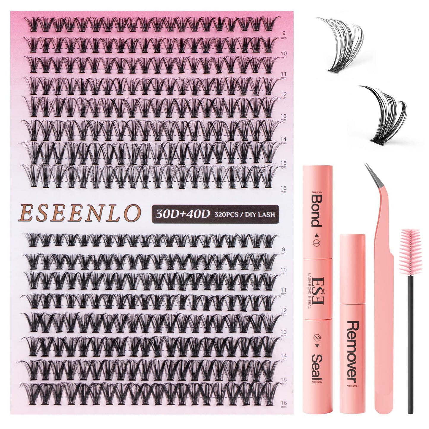 ESEENLO Lash Extension Kit, 320pcs DIY Eyelash Extension Kit 9-16mm Mix, 30D 40D Curl Individual Lash Clusters with Bond, Seal, Remover and Tweezers