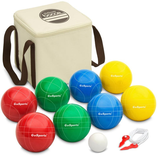 GoSports 90 mm Backyard Bocce Set with 8 Balls, Pallino, Case and Measuring Rope - Made from Premium Resin