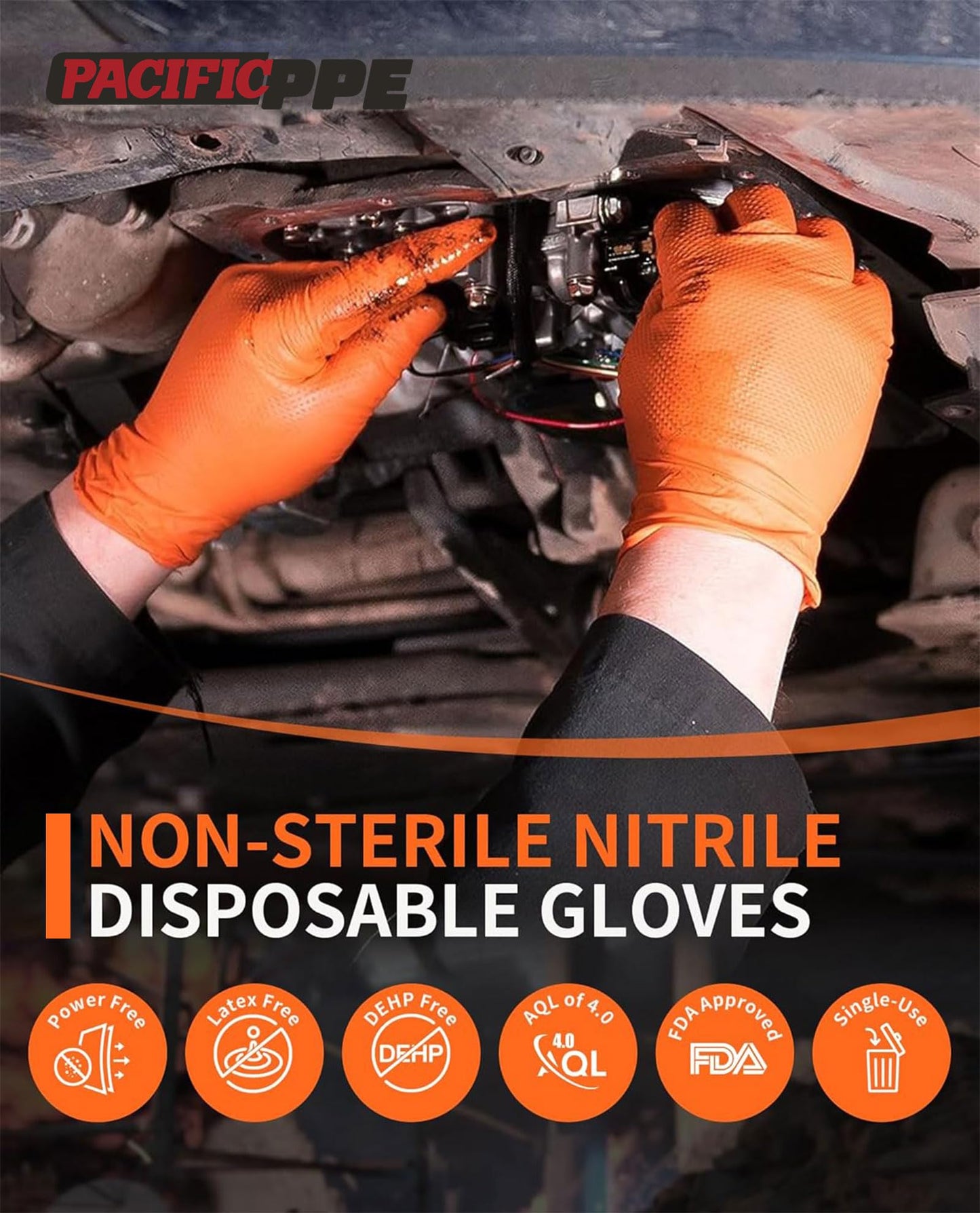PACIFIC 8-mil Orange Nitrile Disposable Gloves, Heavy-Duty, Industrial, Mechanic, Diamond Textured, Latex & Powder Free, EN 374, Medium