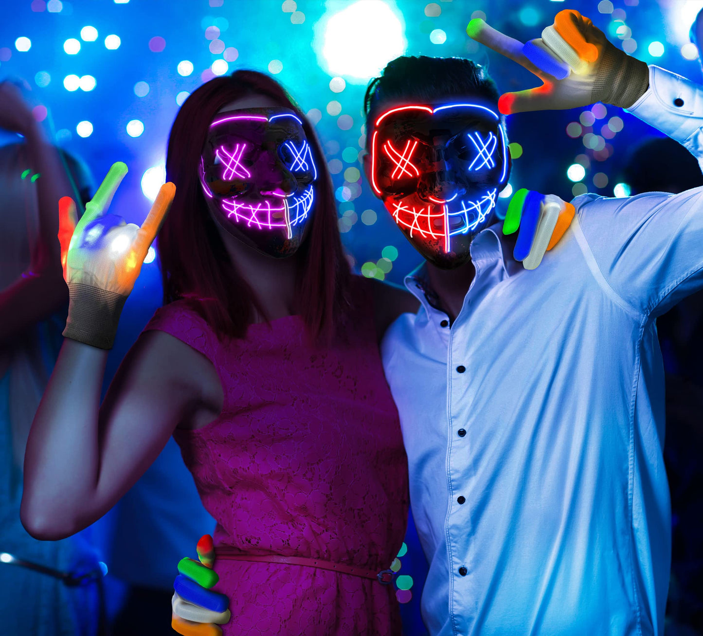 Sago Brothers Halloween Mask, LED Light up Mask Skeleton Gloves Set, Halloween Costumes for Boys Girls, Scream Scary Mask Redblue