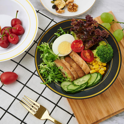 JOLLY PARTY 50PCS Black Plastic Bowls with Gold Rim-12oz, Christmas Thanksgiving Premium Disposable Soup Dessert Salad Bowls for Wedding/Party/Halloween