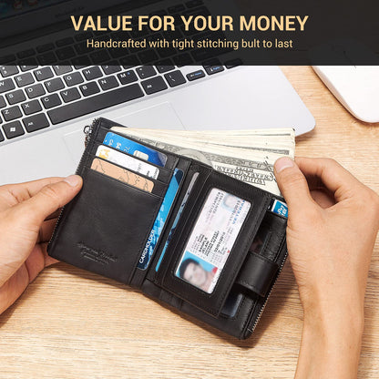 Humerpaul Men's Genuine Leather Wallet with RFID Blocking, Bifold Design, Credit Card Holder, Zipper Coin Pocket, Coffee