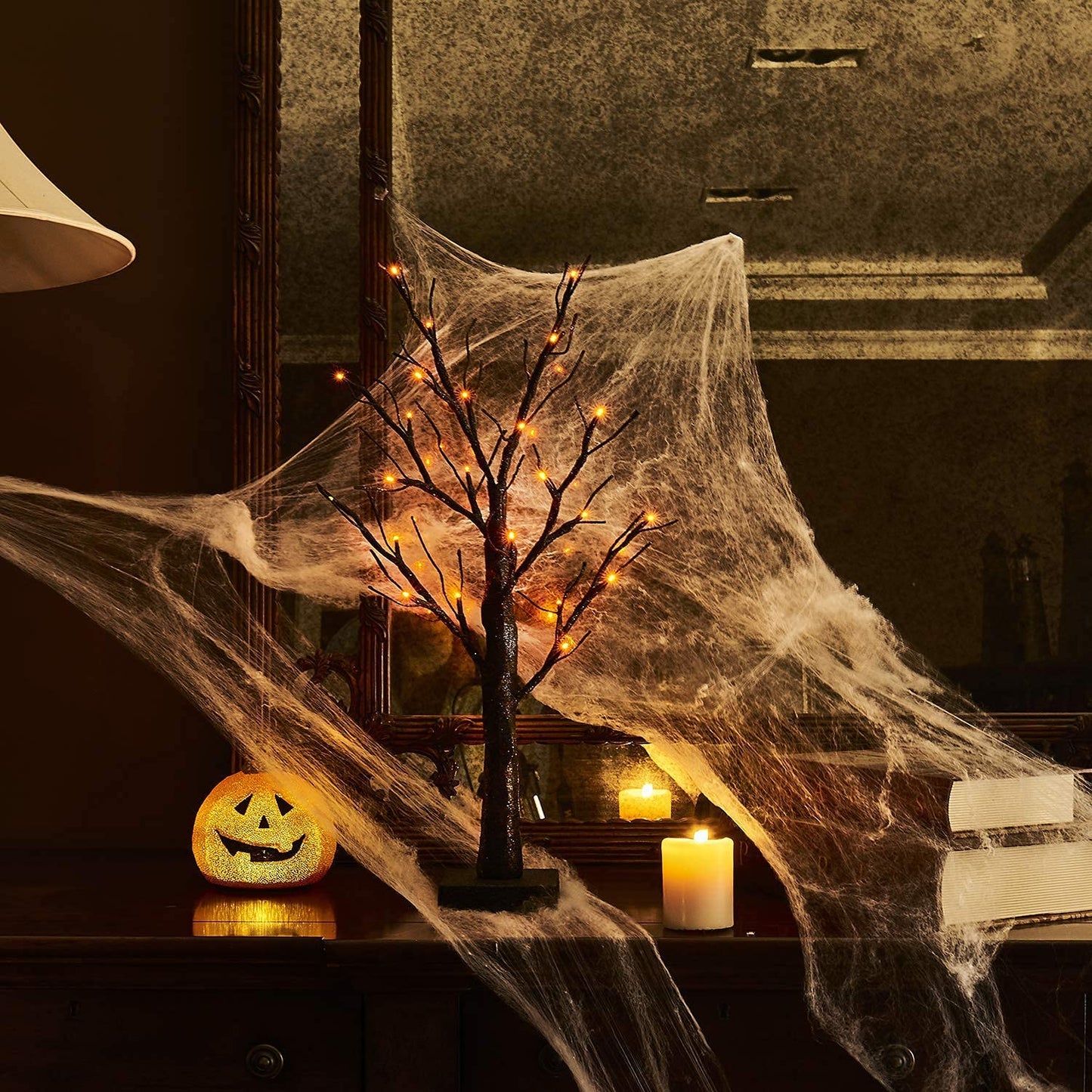 Hairui Lighted Tabletop Black Glittered Spooky Tree with Orange Lights 24 LED 18 Inches for Halloween Witch Decoration Battery Operated or USB Plug in Indoor Use