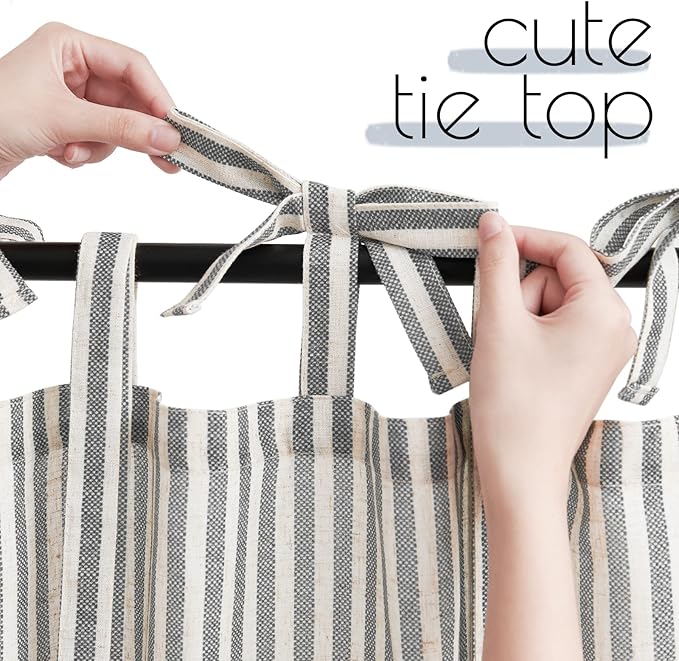 JINCHAN Tie Top Linen Kitchen Curtains 24 Inch Striped Tier Curtains Farmhouse Modern Cafe Style Small Window Treatments Airy Light Filtering Rod Pocket for Living Room Bathroom 2 Panels Charcoal Grey