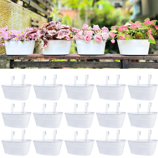 LaLaGreen Planter Boxes Outdoor (15 Pack, 11.8 Inch) White Metal Iron Hanging Flower Pots Deck Railings Rails Fence Buckets Countryside Boho Style Wall Mount Window Box Plant Holder Hooks Porch Decor