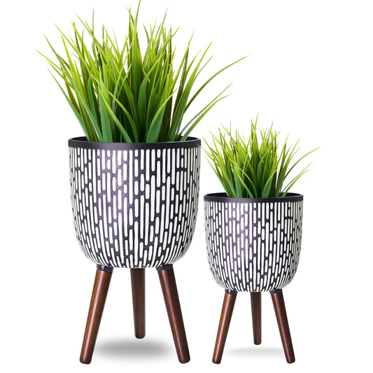 Opnons 2 Set Plant Pot with Stand 10 & 12 inches, Mid-Century Large Planter with Legs for Indoor Plants, Boho Print Standing Plant Pot with Drainage Plug for Monstera, Herb, Succulent Flower Pot