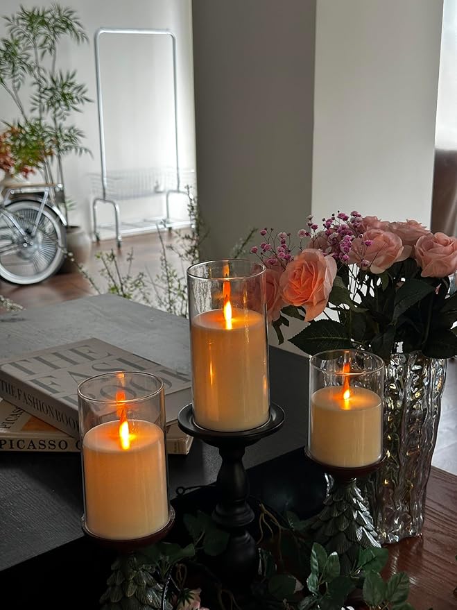 Upinmz Gold Acrylic Flameless Candles with Remote Control and Timers，Battery Operated Candles，LED Pillar Candles with Dancing Flame ，for Home Decorations ，Set of 3