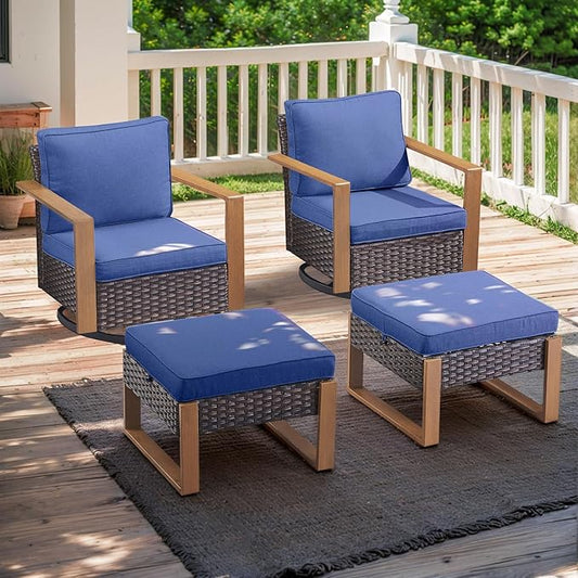 Rilyson Outdoor Wicker Patio Furniture Set - 4 Piece Patio Conversation Set with 2 Wicker Swivel Rocker Chairs,2 Rattan Ottoman, Thick Cushions, Deep Seating, Wide Armrest(Brown/Blue)