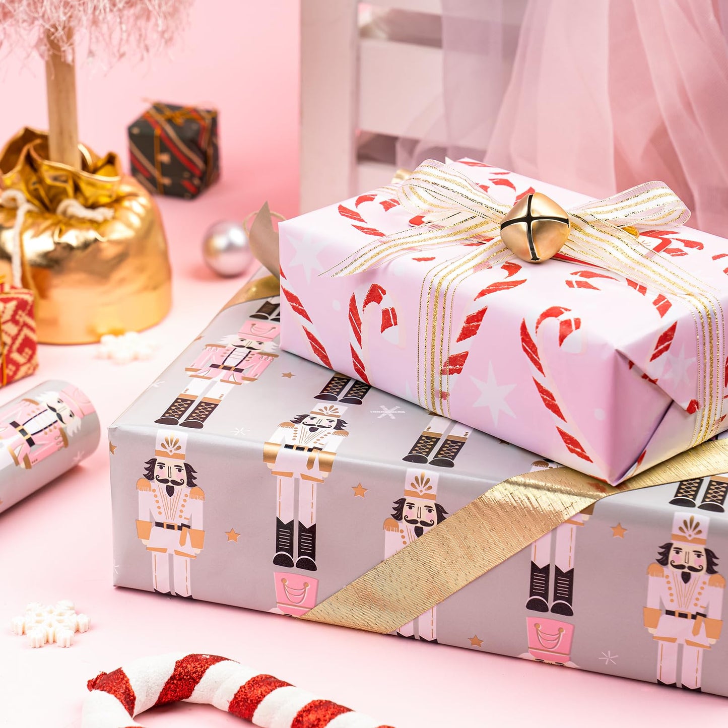 WRAPAHOLIC Reversible Nutcracker Christmas Wrapping Paper - Mini Roll - 17 Inch x 33 Feet - Nutcracker and Candy Cane Design Printed on Pearlized Paper for Chrsitmas, Holiday, Party Celebration