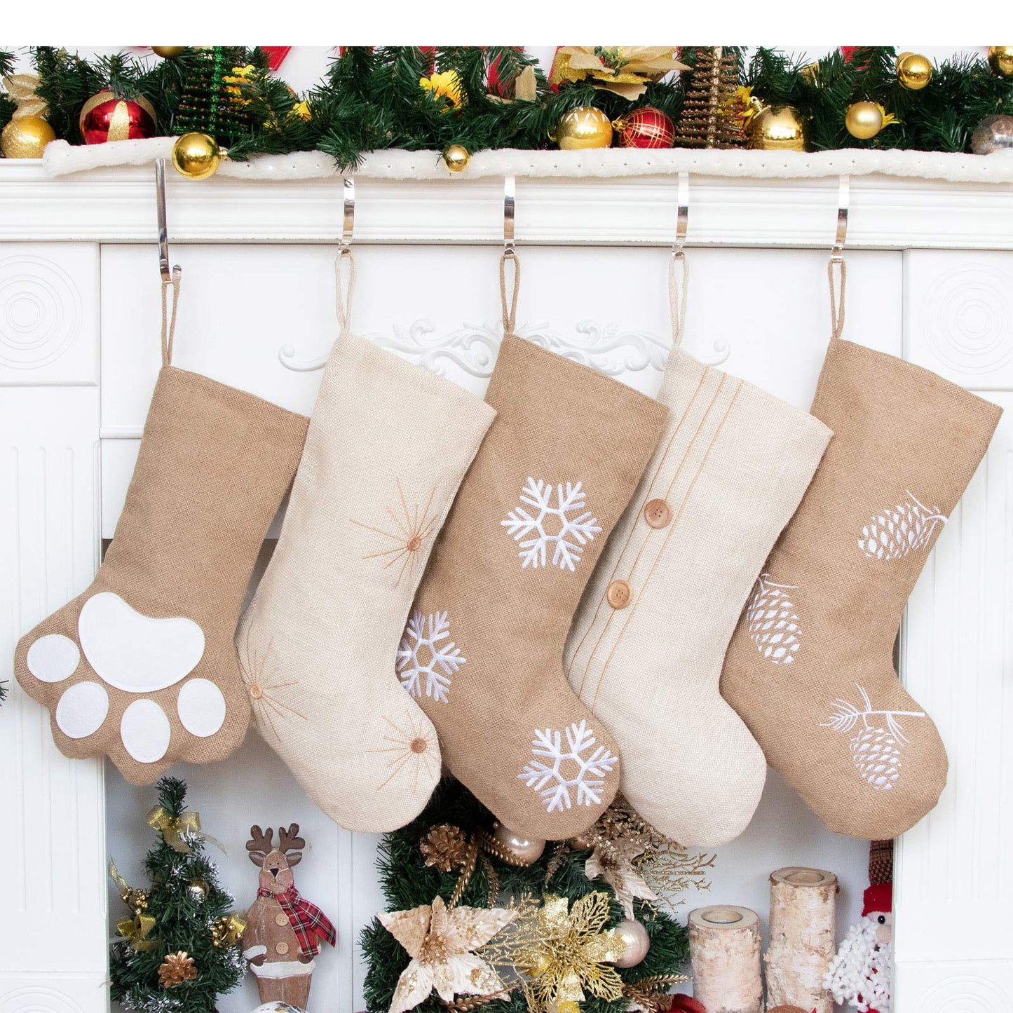 GEX Christmas Stockings 5 Packs for Family 18.5" Large Linen Embroidery Classic Christmas Stockings Burlap Minimalist Rustic Large Hanging Ornament Decorations for Fireplace Xmas Season (Set of 5)