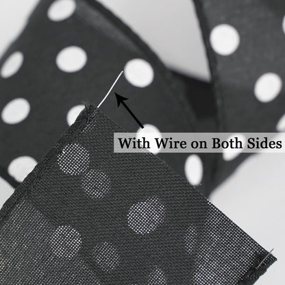 HUIHUANG Black Polka Dot Wired Ribbon, 2.5 Inch X 10 Yards - Black and White Dot Burlap With Wire Edge for Crafts, Fall Wreath Supplies, Gift Wrapping, Basket Bows Decor