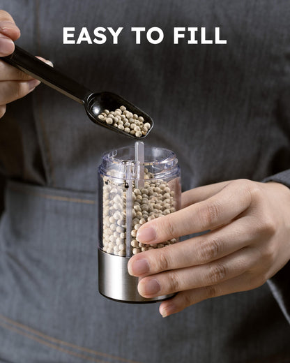 FORLIM Electric Salt and Pepper Grinder Set, Battery Operated Automatic Salt Pepper Mill, One-Handed Operation, Refillable with Light, Adjustable Coarseness, Stainless Steel, 2 Pack (Silver Gray)