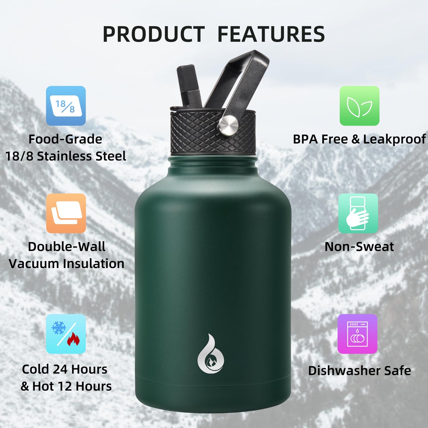 BJPKPK Insulated Water Bottles with Straw Lid, 50oz Large Water Jug, Stainless Steel Vacuum Bottles, Hot & Cold Thermo with 3 Lids and Paracord Handle,Army Green