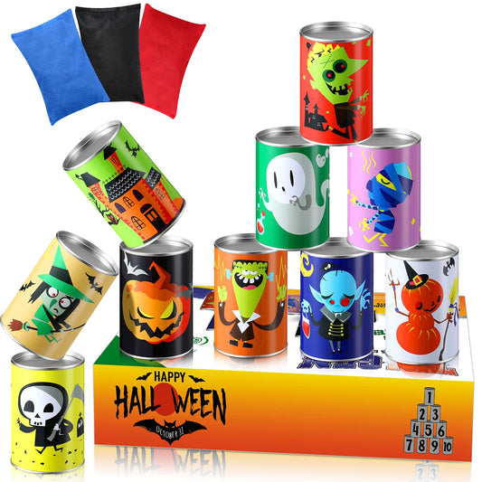14 Pcs Halloween Party Games for Kids Adults Halloween Carnival Bean Bag Toss Games Metal Cans with 3 Bean Bags in Gift Box Boo Basket Stuffers Gifts for Holiday Trick or Treat Party Supplies