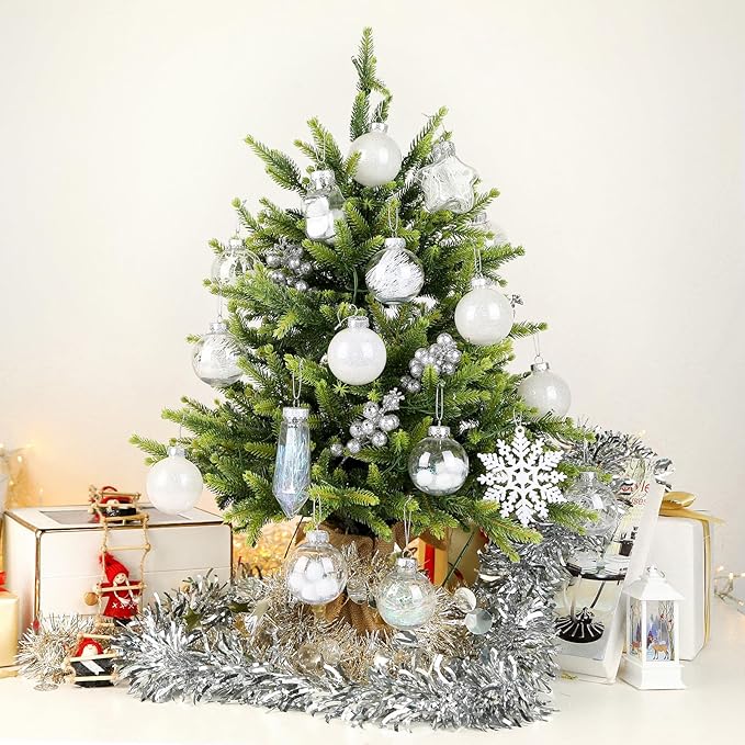 SHareconn 86PCS Christmas Balls Ornaments Set,Shatterproof Plastic Clear Decorative Baubles for Xmas Tree Decor Holiday Wedding Party Decoration, White