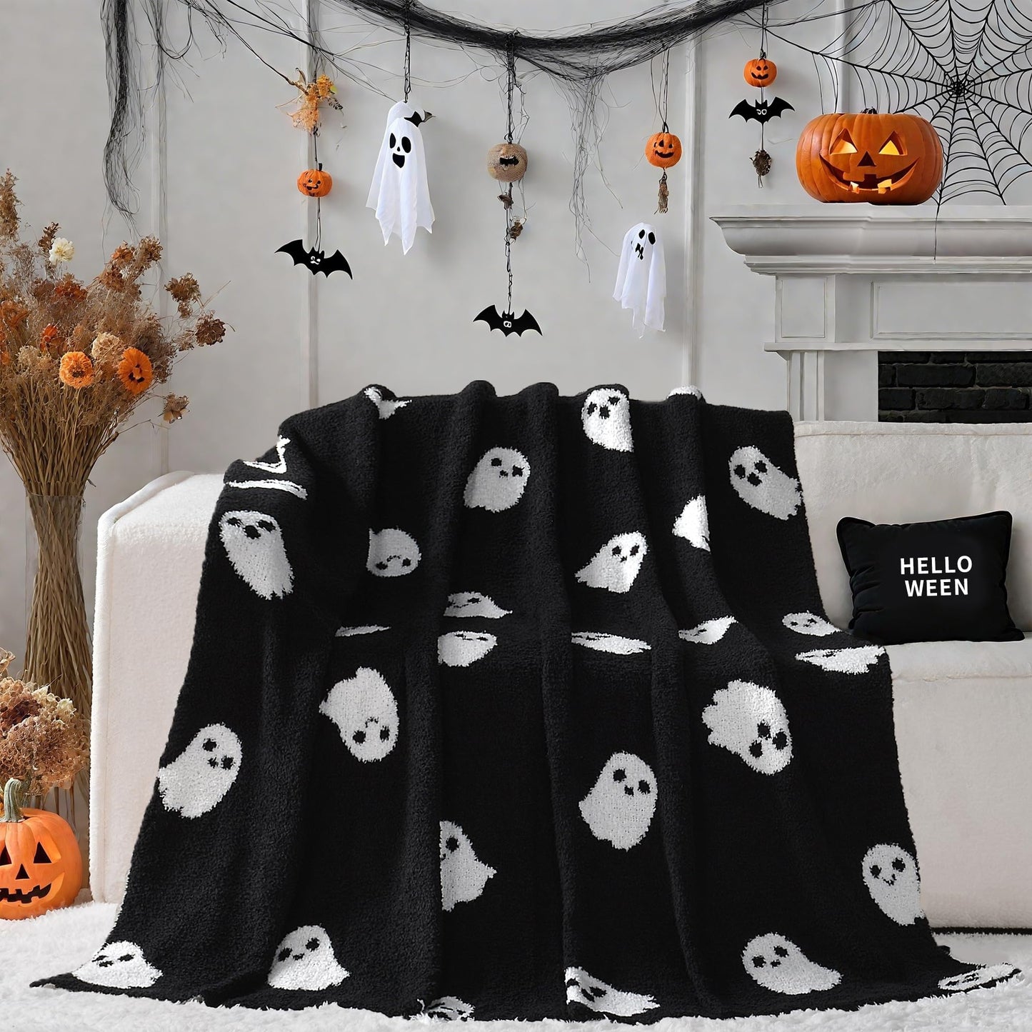 JOOJA Halloween Decor Soft Cozy Kid Blanket for Bed Couch Sofa 50x60 Inch Black Ghost