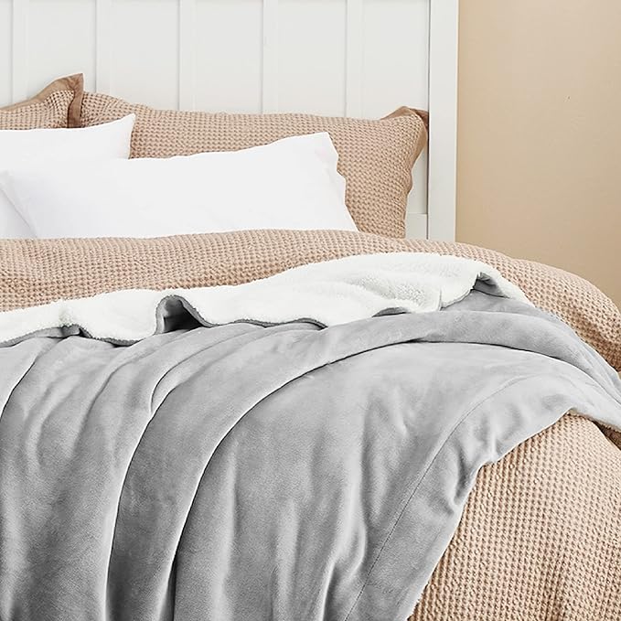 Bedsure GentleSoft Sherpa Fleece Throw Blanket Twin Size for Couch - Thick and Warm, Soft Fuzzy Plush Twin Blanket for Winter, Light Grey, 60x80 Inches