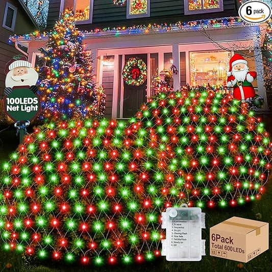 Hezbjiti Pack of 6 Battery Operated Christmas Lights Outdoor Total 600LED Waterproof Net String Mesh Lights for Xmas Trees Bushes Garden Yard Lawn Patio Christmas Decor (Red and Green)