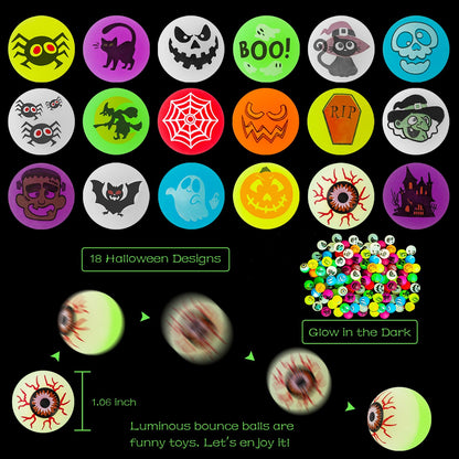 MGparty Halloween Toys Bulk 72 PCS Glow in The Dark Bouncy Balls 18 Designs Bouncing Balls Halloween Party Favors for Kids, Halloween Game Supplies, Trick or Treating Goodies