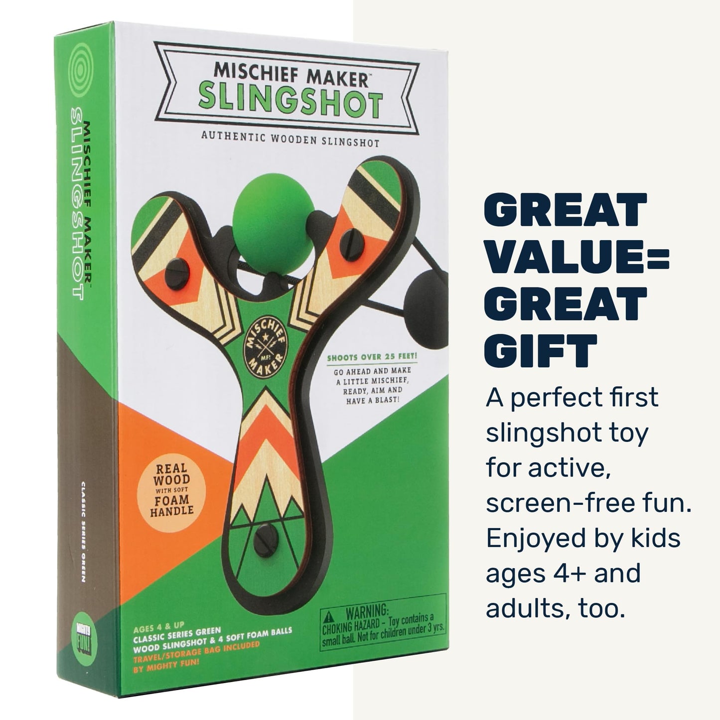 Mighty Fun! Mischief Maker® Wooden Slingshot for Kids with Soft Foam Balls (Green)