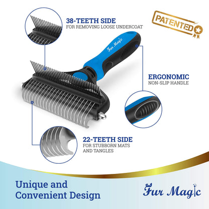 Fur Magic Deshedding and Dematting Comb Double Sided Undercoat Rake Pet Grooming Brush Removing Mats, Knots & Tangles for Dogs and Cats with Long and Medium Hair, Blue