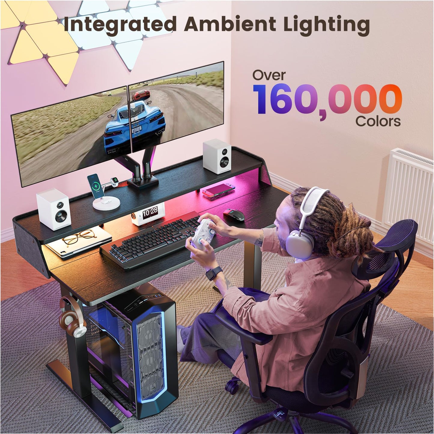 ErGear Standing Desk with LED Strip, 48″ x24″ Electric Height Adjustable RGB Gaming Desk with Shelf, Sit Stand Desk with Dual Cable Holes, C-Clamp Mount Compatible, 4 Preset Heights, Black