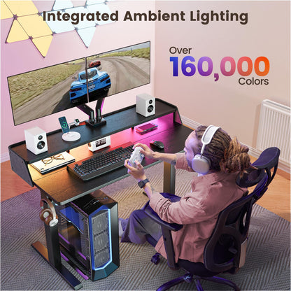 ErGear Standing Desk with LED Strip, 48″ x24″ Electric Height Adjustable RGB Gaming Desk with Shelf, Sit Stand Desk with Dual Cable Holes, C-Clamp Mount Compatible, 4 Preset Heights, Black