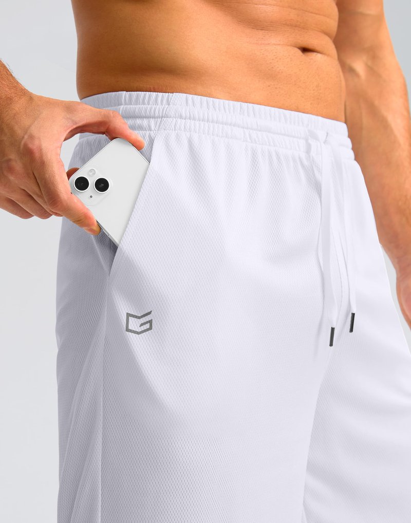 G Gradual Men's Athletic Shorts with Pockets 9" / 11" Long Basketball Shorts Lightweight Quick Dry Gym Workout Shorts for Men(White,XXL)