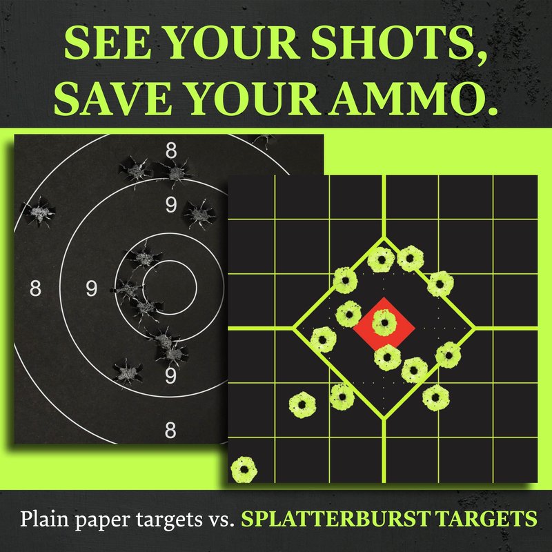 12"x12" Sight in Adhesive SPLATTERBURST Shooting Targets - Instantly See Your Shots Burst Bright Fluorescent Yellow Upon Impact! (10 Pack)