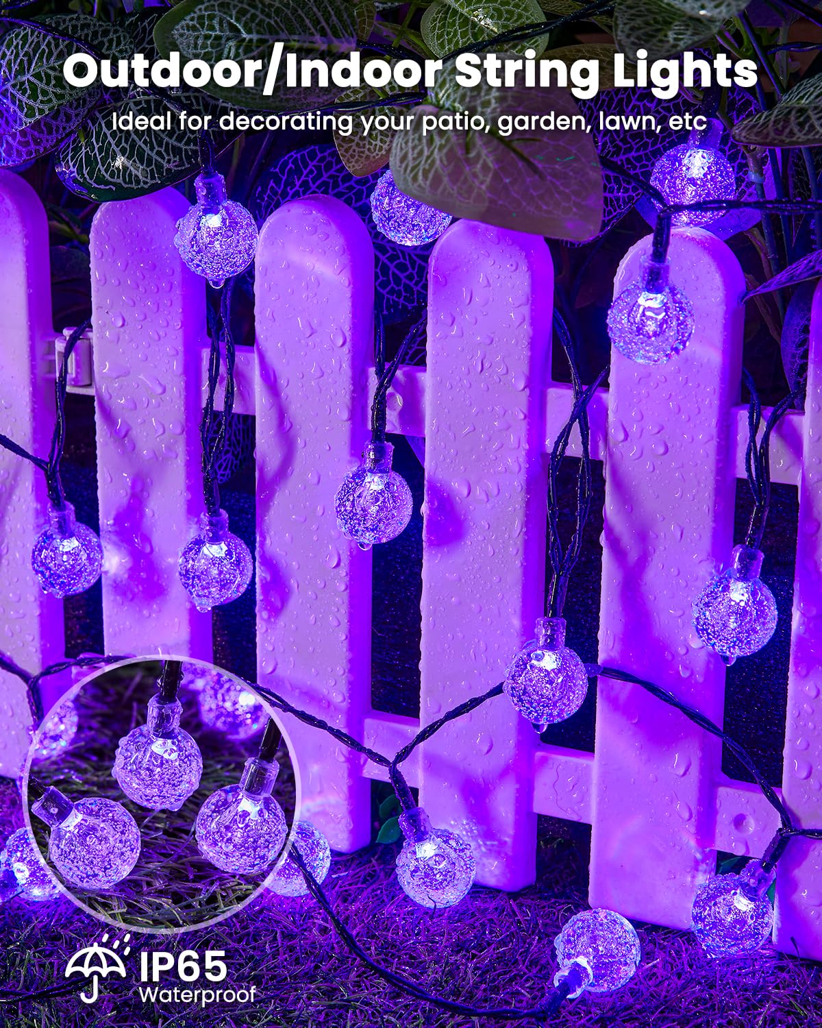 Brightown Purple Solar Halloween Lights - 60 Led 36 Feet Crystal Globe String Lights with 8 Modes, Waterproof for Outdoor Garden Yard Porch Decor