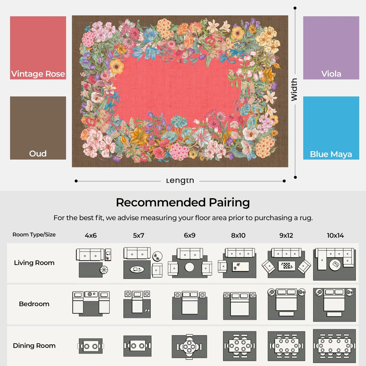 8x10 Floral Area Rug for Living Room Machine Washable Rose Brown Boho Floral Print Carpet Non-Slip Stain Resistant Floor Mat for Bedroom Dining Room Home Office Decor