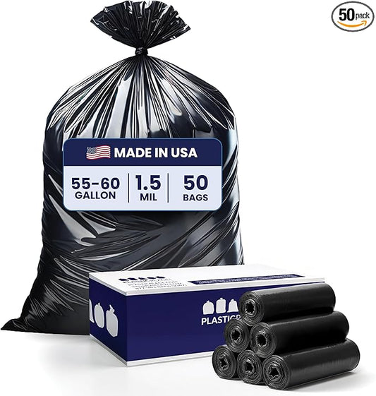 Plasticplace - T55151BK 55-60 gallon Trash Bags │ 1.5 Mil │ Black Heavy Duty