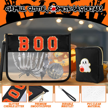 Hillban 2 Pcs Summer Halloween Gifts Chenille Letter Bags Boo Patch Makeup Bag Spooky Pumpkin Flat Clear Pouch PVC Organizer Purse Waterproof Travel Cosmetic Bag Portable Storage Case for Women