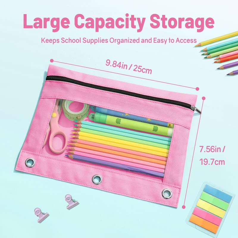 SUNEE Pencil Pouch for 3 Ring Binder, Large Zipper Pencil Case with Clear Window, 3 Reinforced Grommets, Binder Accessories for School and Office Supplies Storage, Red