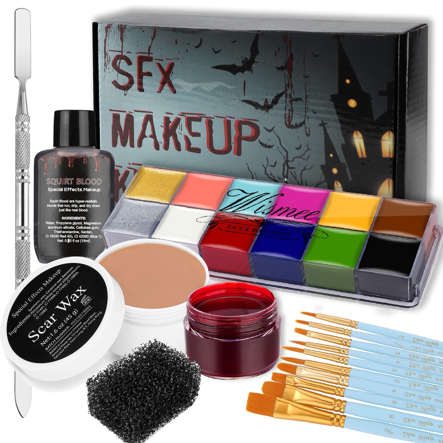 Wismee SFX Makeup Kit Professional Face Body Paint Halloween Special Effects Makeup Set with Scar Wax,10 Face Paint Brushes,Spatula Tool,2 Fake Scab Blood,Stipple Sponge Oil Based Face Painting Kit