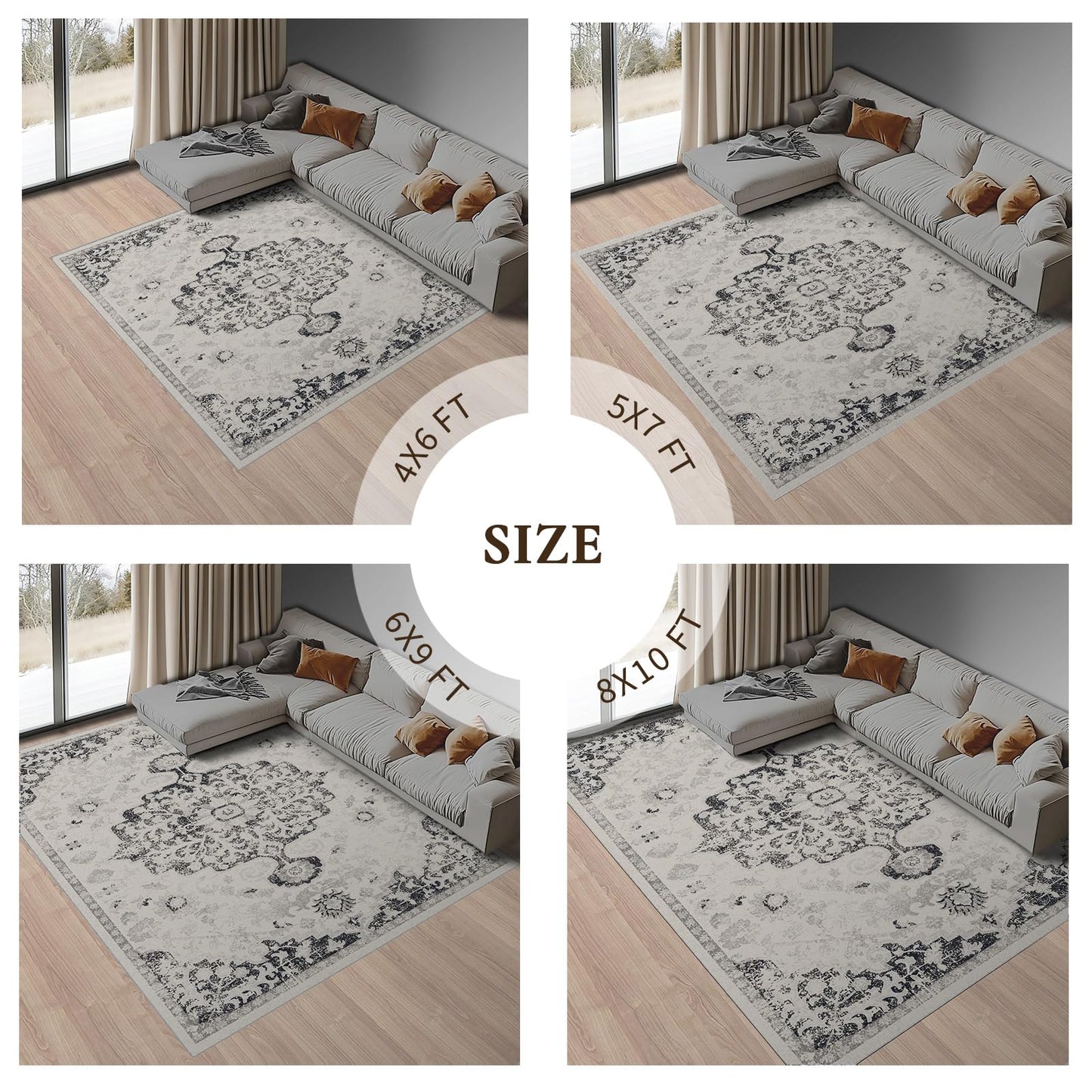 LOOMY Area Rug 8x10 Washable Rug Gray Vintage Traditional Mat Distressed Indoor Foldable Thin Retro Accent Floral Non Slip Carpet Living Room Dining Room Office