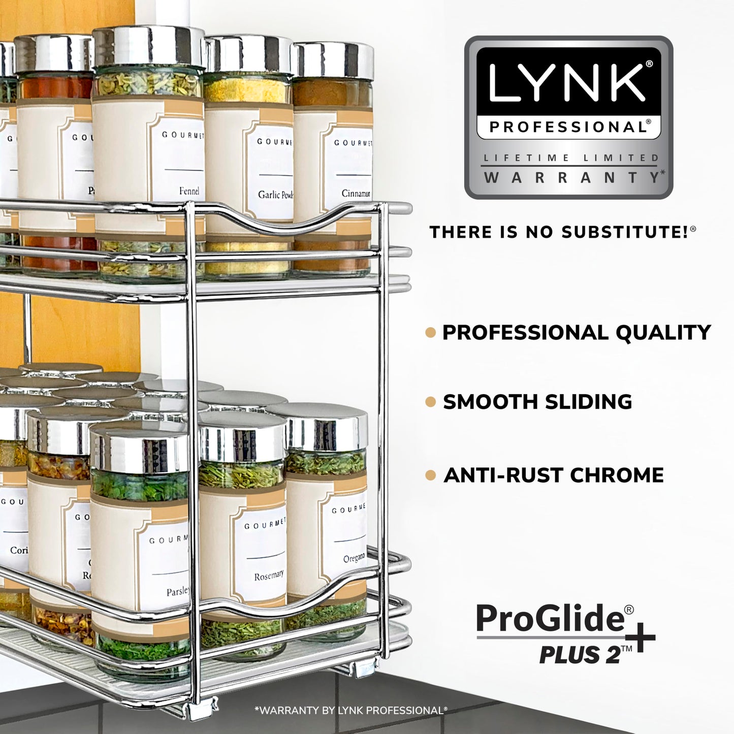 LYNK PROFESSIONAL® Pull Out Spice Rack Organizer for Inside Kitchen Cabinets - 4-1/4 inch Wide - Slide Out Drawer – Chrome Sliding Spice Cabinet Organization Shelf Racks - 2 Tier